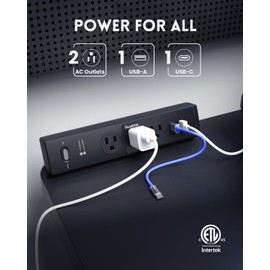 PLUGTUL Desk Clamp Power Strip 6FT, Outlet Station with 3 Outlets, PD 20W Fast Charging, Flat Plug, 14 Gauge, 980J Surge Protector, Black Power Strip with USB C, Fit 1.72" Tabletop Edge