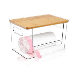 Trash Bag Holder Dispenser, Acrylic Garbage Bag Dispenser with Bamboo Top, Trash Bag Dispensers Under Sink for Kitchen, Pantry, Laundry Room(White,XL)