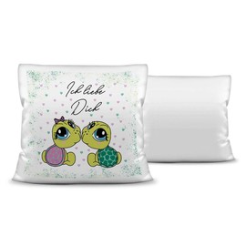 PR Print Royal Decorative Cushion Animals with Love Saying "Ich Liebe Dich - Schildkröte/Ich Liebe Dich/Gift for Boyfriend, Girlfriend/40 x 40 cm/White with Filling