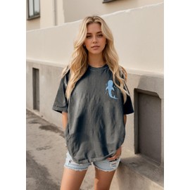 Whale Oversized Shirt for Women Christian Shark Bible Verse Gifts Beachy Top Vacation Summer Casual Loose Graphic Top(Medium,Dark Grey)