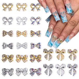 DANNEASY 24pcs 3D Bow Nail Rhinestones Charms Gold and Silver Bowknot Charms for Nails Bling Nail Bows Nail Gems Crystal Alloy Nail Studs Jewelry Nail Decoration for Nails Crafts Nail Supplies