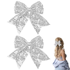 DOOCECIY 2 PCS White Hair Bows for Women, Glitter Sparkle Large Hair Bow Clip for Girls Women