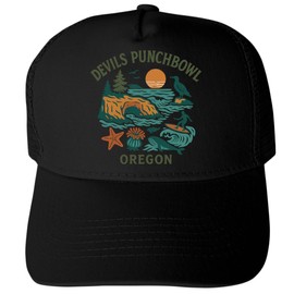 Devils Punchbowl Oregon Keepsakes Black Unisex Mesh Back Trucker Hat with Adjustable Snapback