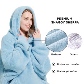 Bedsure Wearable Blanket Hoodie Women - Fluffy Fleece Hoodie Blanket for Adults Men, Warm Hooded Blanket as Gifts for Her, Light Blue, L