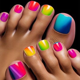 MISUD Press on Toenails - Fake Toe Nails with Colorful, Acrylic Toenail Rainbow Ombre Design 24 pcs