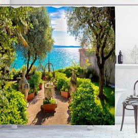 OCEUMACO Garden Shower Curtain Outdoor for Wet Room Outside Extra Wide Fabric 3D Green Blue Italy Flower Picture Scene Bathroom Curtains 240 x 200 cm Anti Mould Waterproof with Hooks