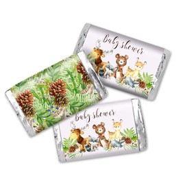 Watercolor Woodland Forest Animals Baby Sprinkle Baby Shower Mini Chocolate Candy Bar Sticker Wrappers, 45 1.4" x 2.6" Wrap Around Labels by Amanda Creation, Great for Party Favors
