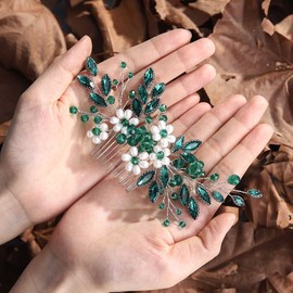 JONKY Bridal Crystal Hair Comb Rhinestone Wedding Hair Piece Floral Pearl Hair Side Combs Bride Hair Accessories for women (Green)