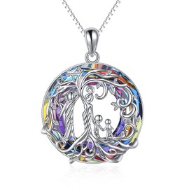 TOUPOP Mothers Day Gifts for Mom Mother Father and 2 Daughter Son Necklace Sterling Silver Family Tree of Life Pendant Jewelry Volcano Crystal Birthday Gifts for Women Wife Grandma