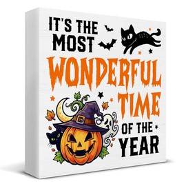 Funny Halloween Decor Spooky Black Cat It's the Most Wonderful Time of the Year Wood Sign for Party Home Kitchen Bedroom Living Room Decoration 5 x 5 Inches