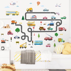 SHUCHING Transportation Car Wall Decals Peel and Stick, Vinyl Construction Vehicles Wall Sticker, Truck and Road Wall Decor Art for Nursery Baby Playroom Kids Bedroom