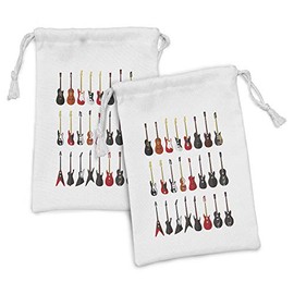 Ambesonne Guitar Fabric Pouch Set of 2, Musical Instruments Set Pattern Various Acoustic Bass Making Music, Small Drawstring Bag for Toiletries Masks and Favors, 9" x 6", Vermilion Black White