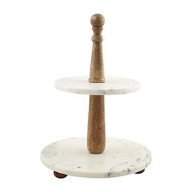 Mud Pie, Brown/White, 16" x 12" Marble and Wood Tiered Server