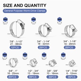 Haespot Hose Clamps 185PCS Assortment Kit, 304 Stainless Steel, Radiator Hose Clamps, Multi-size Adjustable Range 1/4-2in(6-51mm) with 2pcs Socket Wrench for Automotive, Plumbing, Intercooler
