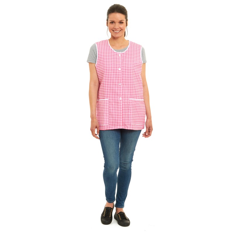 Ladies Gingham Buttons Through Design Piping Tabard Apron Overalls Front