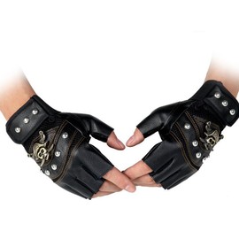 Steampunk Gothic Gloves Men's Vintage Genuine Leather Captain Fingerless Mittens (B Black)(Size: One Size)
