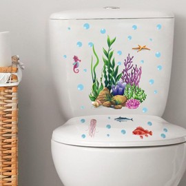2 Sheets Ocean Grass Fish Toilet Cover Stickers, Seagrass Coral Starfish Toilet Lid Decals, Bathroom Decorative Toilet Seat Wall Stickers, Self-Adhesive Removable Waterproof WC Restroom Wall Art Mural