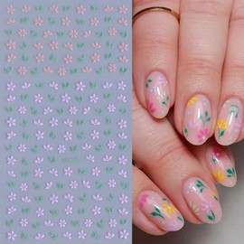 3 Sheets Purple Pink Flowers Nail Art Stickers Decals ZWENJIE 3D Self-Adhesive Spring Fresh Colorful Floral Nail Decals Green Leaves Pattern Nail Supplies for Women Nails Art DIY Decoration