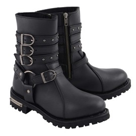 Milwaukee Leather MBL9399 Women's 9-Inch Triple Buckle Black Leather Harness Biker Boots w/Side Zipper - 7