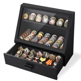Yoimori Challenge Coin Display Case, 13 Rows Solid Wood Military Coin Holder Display Stand, Holds up to 100 Coins or Medals, Clear Acrylic Cover with Drawer for Collectors (Black)