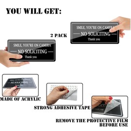 No Soliciting Signs for House, No Soliciting Sign for Home, 8" X 5" - Made of Acrylic, Durable, UV and Weather Resistant, Adhesive Back, Ideal for Keeping Away Estimates, Salesmen, Unwanted Visitors.