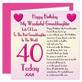 My Granddaughter 40th Happy Birthday Card - Lots Of Love To The Best Granddaughter In The World - 40 Today