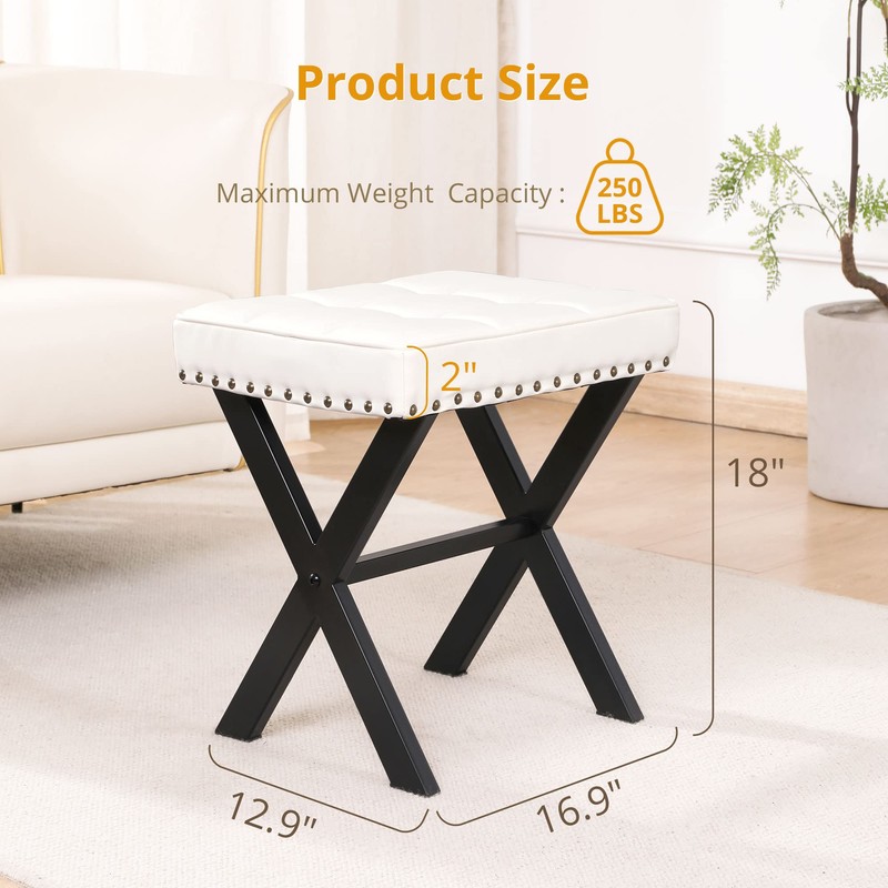 LUE BONA White Vanity Stool - Square Faux Leather Makeup