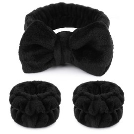 WSYUB Makeup Headbands, 1pcs Black Spa Headband Fluffy Bow Tie Headband Microfiber Face, and 2Pcs Wrist Spa Wash Band Absorbent Wristbands, for Washing Face Skin Care