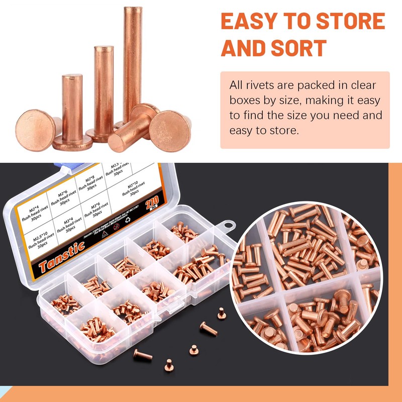 Tanstic 270Pcs Flat Head Copper Solid Rivets, M2x4/6/8, M2.5x5/8/10, M3x4/6/10