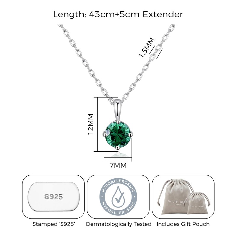 Philip Jones Sterling Silver May (Emerald) Birthstone Necklace Created with