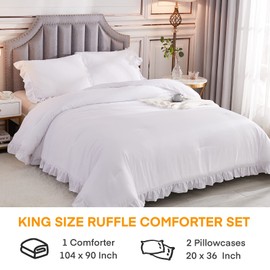 Andency White Ruffled Comforter King(104x90Inch), 3 Pieces(1 Ruffle Comforter and 2 Pillowcases) Farmhouse Shabby Chic Comforter, Vintage Rustic Soft Microfiber Down Alternative Bedding Comforter Set