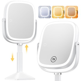 Gospire Rectangle Lighted Makeup Mirror with Lights and 1X/7X Magnifying Mirror, Height Adjustable and 4000mAh Rechargeable for Bedroom, 8.5”x7.4” Large Surface, Stepless Dimming - White