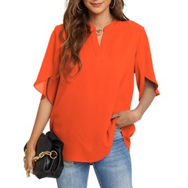 Funlingo Womens Tops Dressy Casual Ladies Tunic Shirts for Leggings Summer Short 3/4 Sleeve Loose Blouse Hide Belly Clothes Orange M