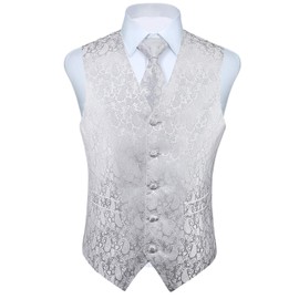 HISDERN Men's Paisley Floral Jacquard Waistcoat, Tie, Pocket Square/Handkerchief Set, for Waistcoat Suit, White