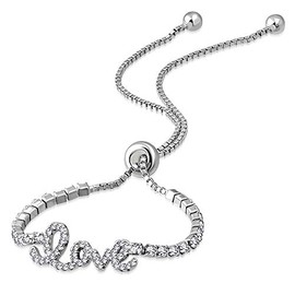 925 Sterling Silver Clear CZ Love Heart Adjustable Chain Bracelet, 9"
