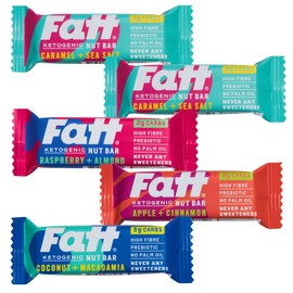 Fatt Keto Snack Bars - Variety Pack - 5 x 30g - 4 Flavours - 2-3g Carbs - 100% Natural Snacks - Low Carb, Low Sugar, High Prebiotic Fibre, Vegan & Sweetener Free - FattBar
