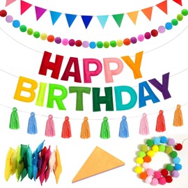 SKTMH 4Pcs Felt Happy Birthday Banner Sign Rainbow Birthday Decorations Felt Ball Garland Fabric Triangle Pennant Flags Rainbow Tassel Garland Colorful Festive Birthdays Party Supplies