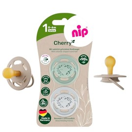 nip Cherry Dummies Pack of 2 from Birth 0+, Flat Teat in Cherry Shape Natural Rubber, Breastfeeding Friendly, BPA-Free, Sustainable, 0 Months +, Teething Friendly, Nursing Friendly, Extra Light