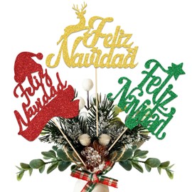 12Pcs Feliz Navidad Centerpiece Sticks, Merry Christmas Centerpiece Sticks, Xmas Tree Snowman Party Table Sticks, Christmas Theme Birthday Wedding Anniversary Party Supplies Green Gold Red Glitter