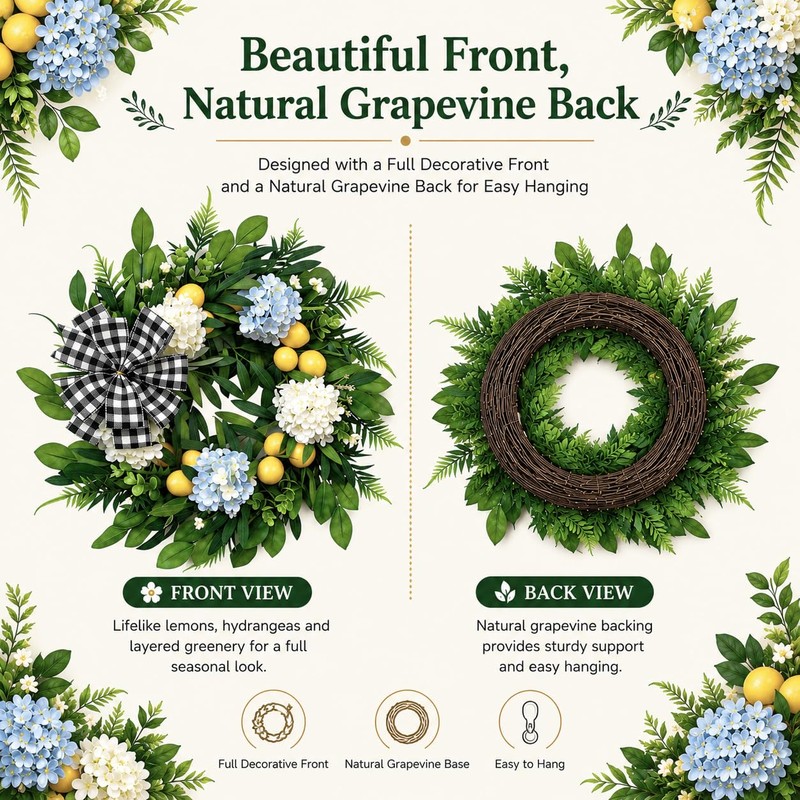 Lemon Wreath for Front Door, 22 Inch Artificial Hydrangea Wreaths