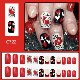 Romantic Red Lips Heart Press on Nails Red Glitter French Tip Fake Nails Glossy Medium Acrylic Glue on Nails Square Stick on Nails for Women