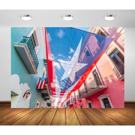 BELECO 7x5ft Fabric Puerto Rico Backdrop National Flag Above The San Juan Street Background Puerto Rico Party Decorations Patriotic Banner Photoshoot Booth Studio Props