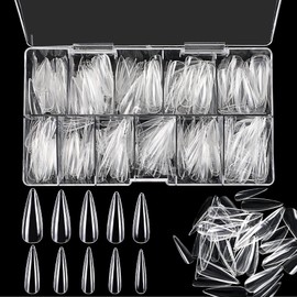 JANLOFO Nail Tips, Clear, False Nails, 500 Pieces, Long Nail Supplies, Nail Tip, Long, Clear, Nail Art, Practice, Almond