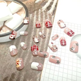 Christmas Press on Nails Short Square Fake Nails, Christmas Manicure Autumn Winter Wearable Nails,Cute Snowman with Designs Acrylic Nails Full Cover Artificial Nails Glue on Nails for Woman 24pcs