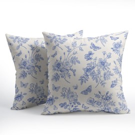 White Blue Floral Pillow Covers 18x18 Set of 2 Decorations Chinoiserie Vintage Throw Pillow Covers Decor Rustic Pillowcases Flower Pattern Farmhouse Cozy Soft for Sofa Bed Chair Home Decorative