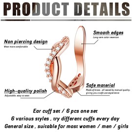 Kakonia 6 Pcs Adjustable Ear Cuffs for Women Earrings Set Non Pierced Ears Dainty Helix Cartilage Cuff Earrings Sparkling Non-Piercing Adjustable Huggie Clip On Wrap for Women Teen Girls
