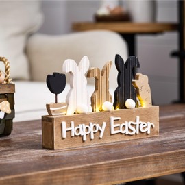 Valery Madelyn Easter Decorations, Lighted Wooden Easter Decor for Table, Easter Decorations for The Home Decor Shelf Tiered Tray Living Room Happy Easter Sign, 12 Inch, Beige White