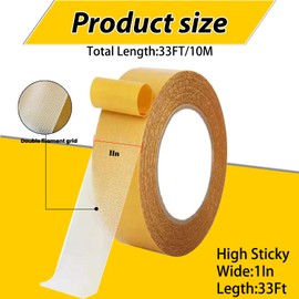Double Sided Fabric Tape Heavy Duty Mounting Tape 1" x 33FT Resistente Clear Super Sticky Body Tape with Fiberglass Mesh High Tack Strong Adhesive for Fashion Clothes Carpet Arts