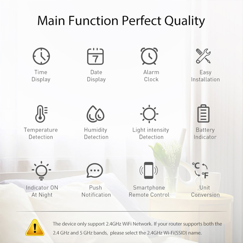 Tuya WiFi Temperature Humidity Light Detection Alarm Clock 4 In