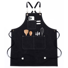 Chef Aprons for Men Women，BBQ Waterproof Apron with Large Pockets,Cotton Canvas Cross Back Heavy Duty Adjustable Apron (black)